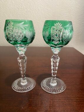 Vintage, Set of 2, Emerald Green Cut to Clear Crystal Liquor Glasses